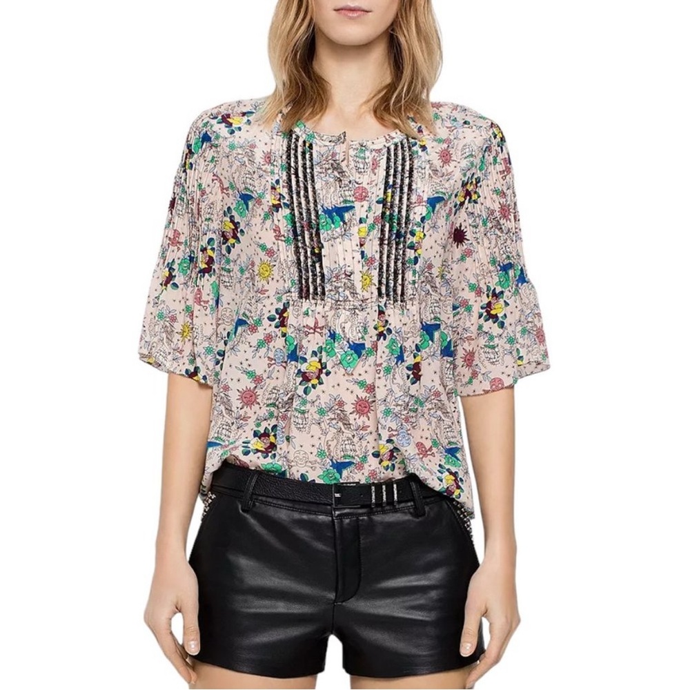Zadig & Voltaire Thai Tattoo Print 100% Silk Blouse Sz XS 🥀💀🌸